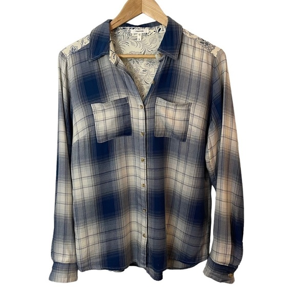 Maurices Plaid Floral Button Down Shirt Sz S Blue White Mixed Print Top Boho - Picture 1 of 11